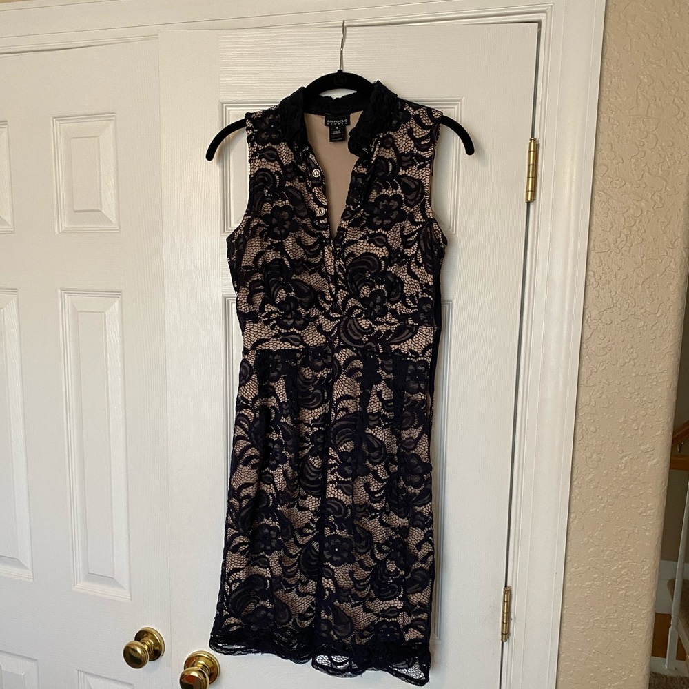 Navy blue and tan lace dress